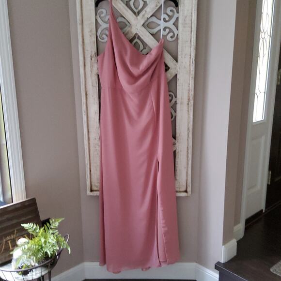 After Six Women's One-Shoulder Chiffon Gown with Thigh High Slit Desert Rose - Picture 2 of 8